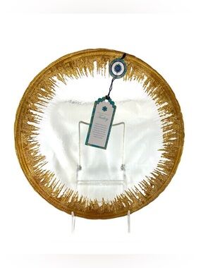 Set of 4 Handcrafted Turkish Glass Dinner Plates Clear Gold Gilded Edge 11” NWT